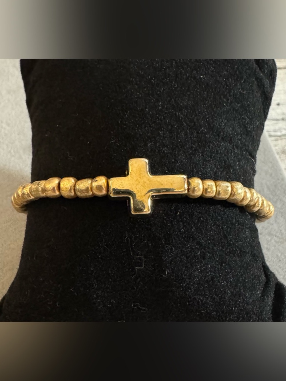 Gold-Tone Cross Bead Stretch Bracelet for Women